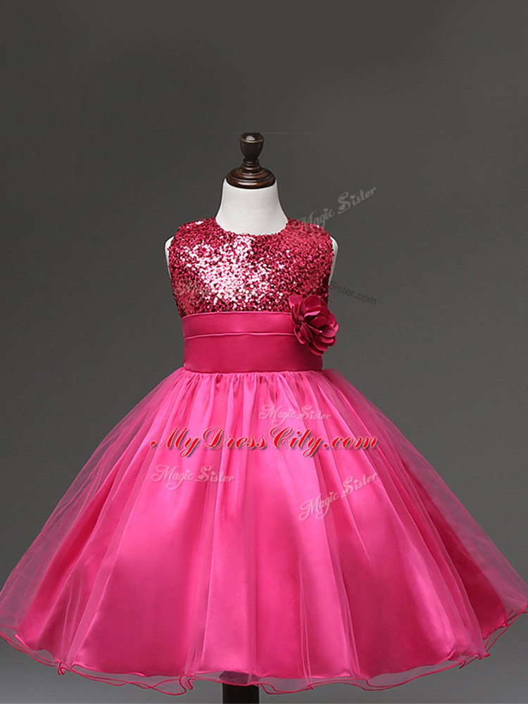 Hot Pink Tulle Zipper Scoop Sleeveless Knee Length Flower Girl Dresses for Less Sequins and Hand Made Flower