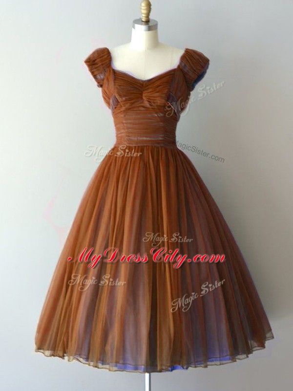 Brown Cap Sleeves Chiffon Zipper Bridesmaid Dress for Prom and Party and Sweet 16