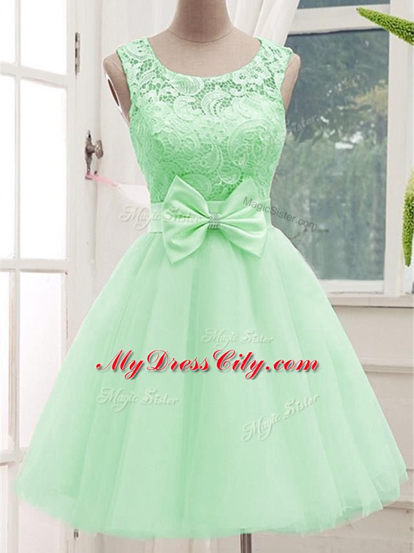 On Sale Apple Green Tulle Lace Up Scoop Sleeveless Knee Length Wedding Guest Dresses Lace and Bowknot