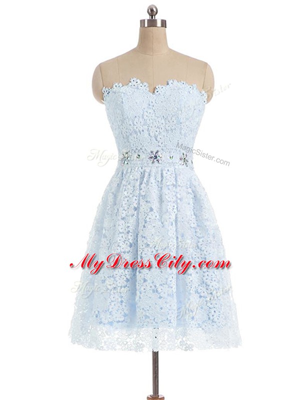 Hot Sale Light Blue Lace Zipper Prom Dresses Sleeveless Mini Length Beading and Lace and Appliques