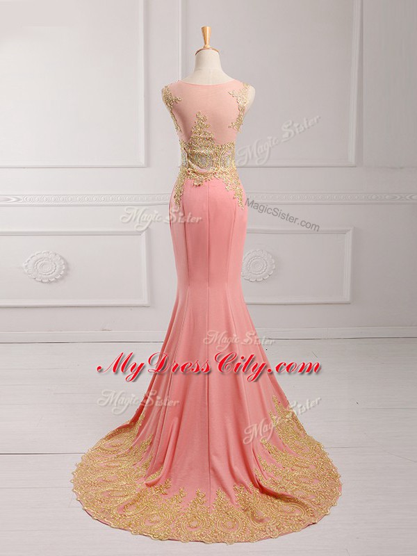 Hot Selling Watermelon Red Womens Evening Dresses Prom with Lace and Appliques Scoop Sleeveless Brush Train Side Zipper