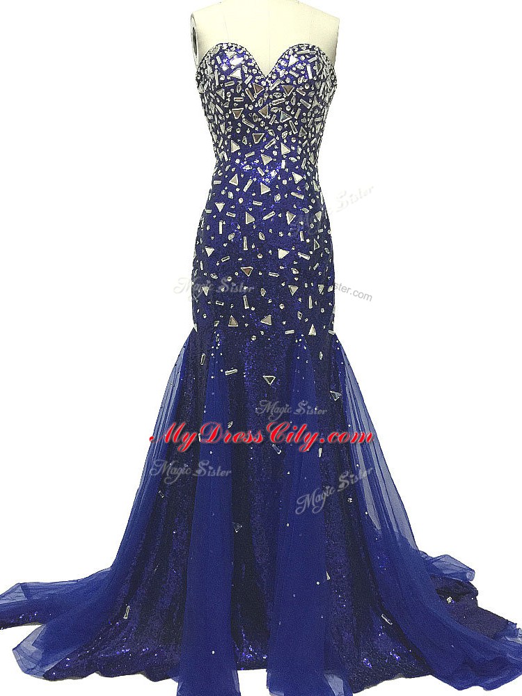 Royal Blue Zipper Sweetheart Beading Evening Outfits Tulle Sleeveless Brush Train