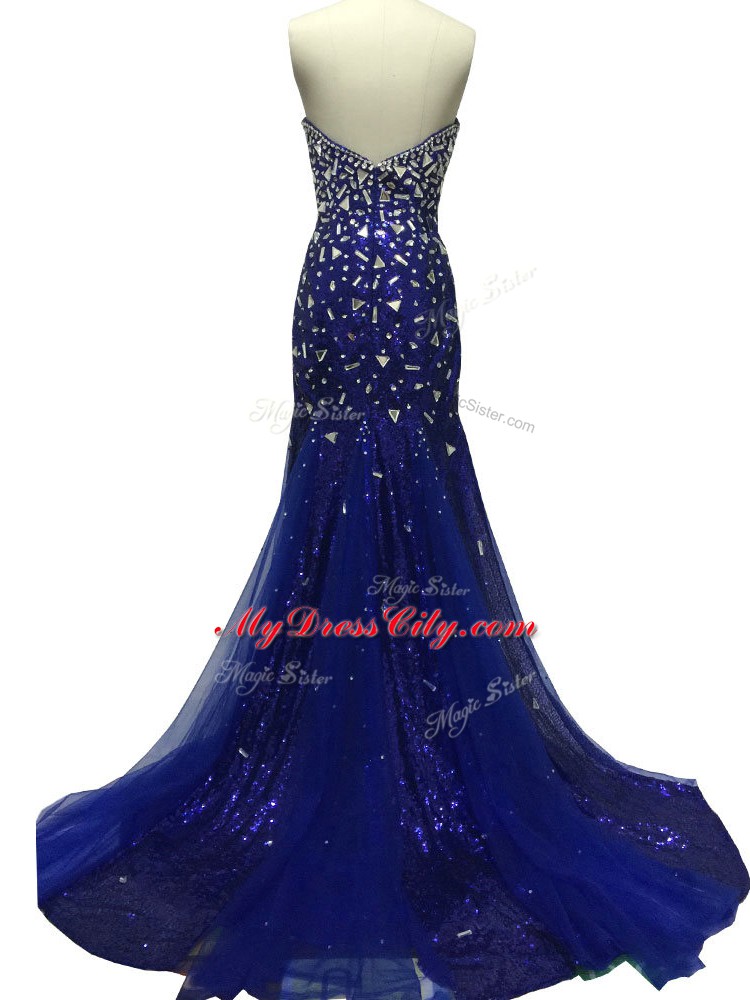 Royal Blue Zipper Sweetheart Beading Evening Outfits Tulle Sleeveless Brush Train