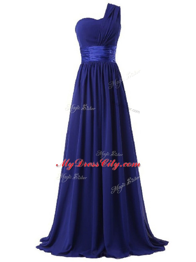 Pretty Royal Blue Empire One Shoulder Sleeveless Chiffon Floor Length Lace Up Ruching Wedding Guest Dresses