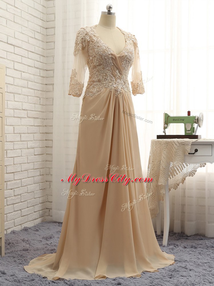 Sophisticated Empire Long Sleeves Champagne Mother Dresses Brush Train Zipper