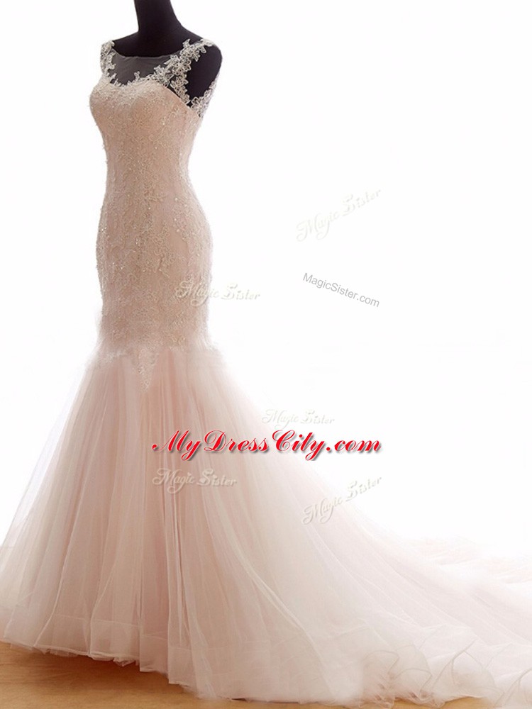Traditional Pink Mermaid Bateau Sleeveless Tulle Brush Train Lace Up Lace Wedding Gown