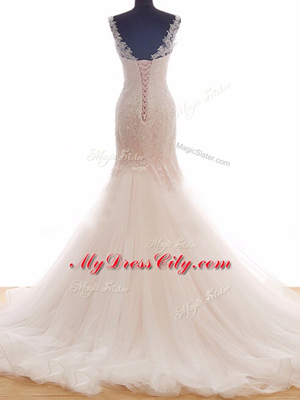 Traditional Pink Mermaid Bateau Sleeveless Tulle Brush Train Lace Up Lace Wedding Gown
