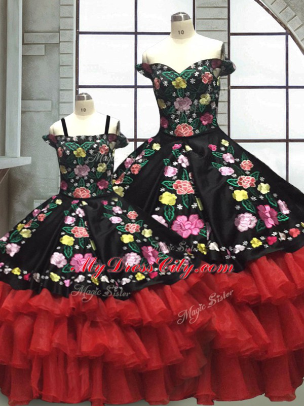 Red And Black Ball Gowns Organza and Taffeta Off The Shoulder Sleeveless Embroidery and Ruffled Layers Floor Length Lace Up 15th Birthday Dress