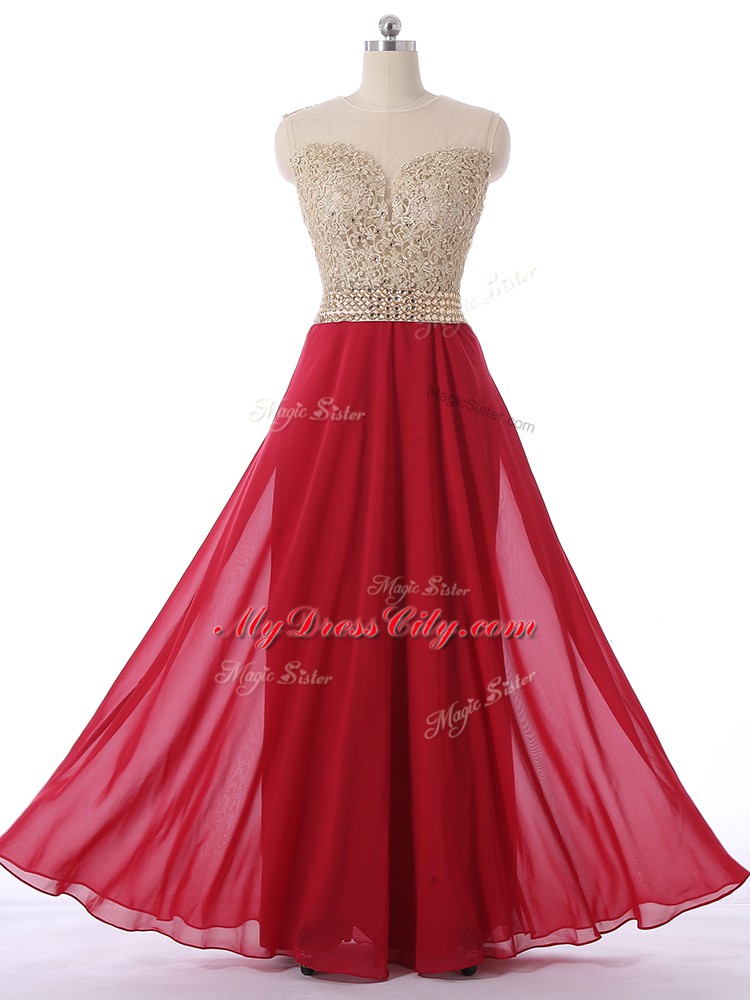 Red Empire Scoop Sleeveless Chiffon Floor Length Zipper Beading Evening Dress