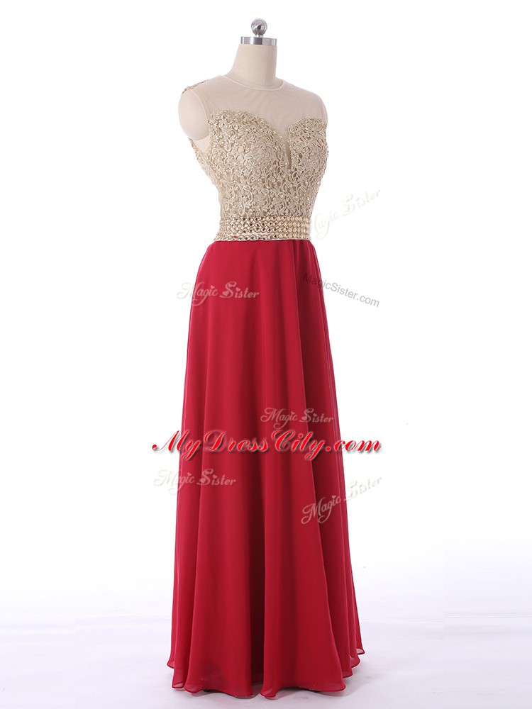 Red Empire Scoop Sleeveless Chiffon Floor Length Zipper Beading Evening Dress