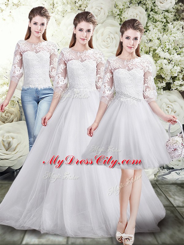 Top Selling White Half Sleeves Lace Floor Length Wedding Gown