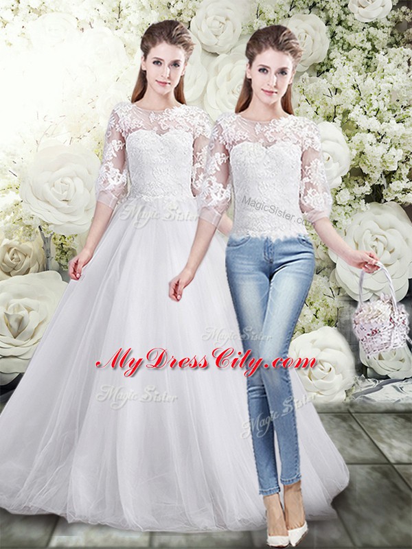 Top Selling White Half Sleeves Lace Floor Length Wedding Gown