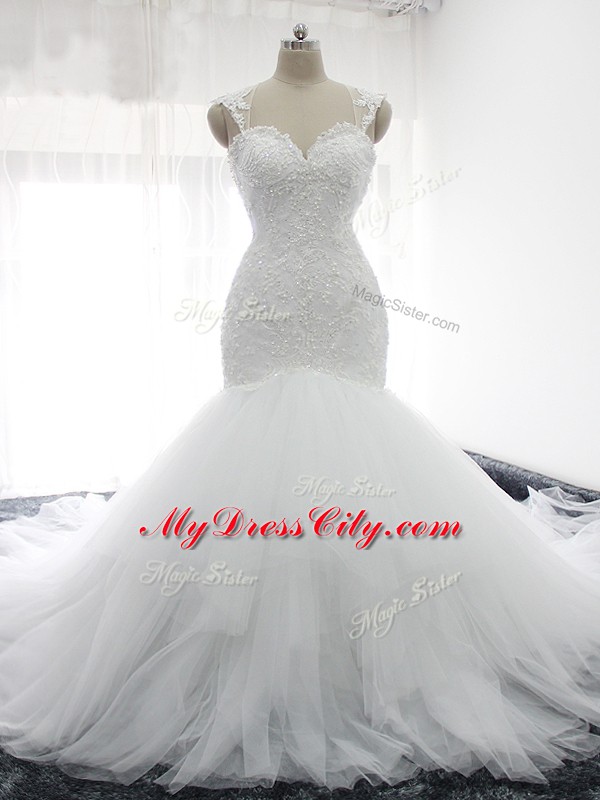 Tulle Sleeveless Wedding Dress Court Train and Beading and Ruffles