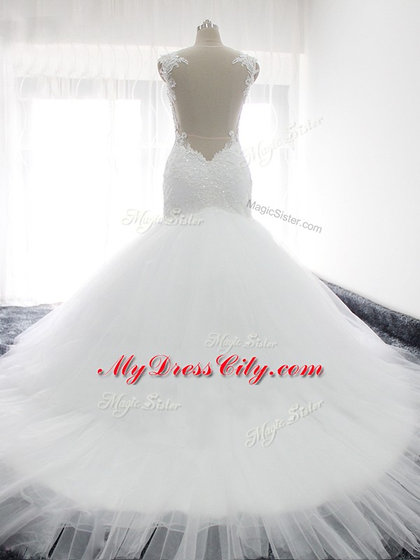 Tulle Sleeveless Wedding Dress Court Train and Beading and Ruffles