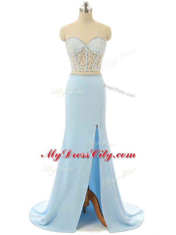 Light Blue Elastic Woven Satin Zipper Sweetheart Sleeveless Prom Dresses Brush Train Beading