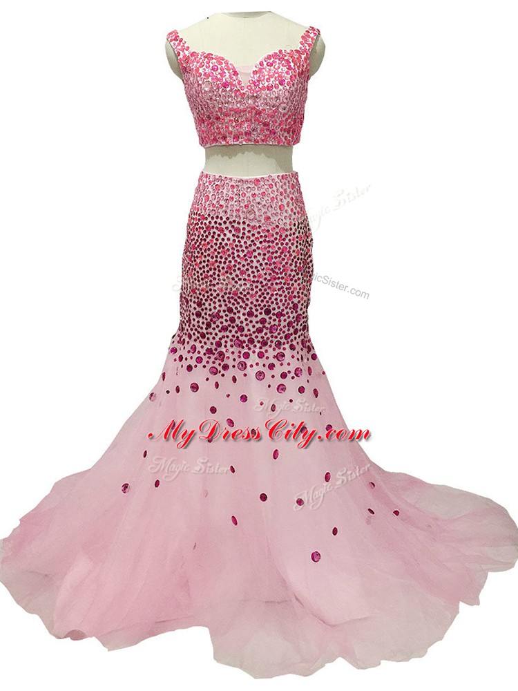 Shining Baby Pink Two Pieces Beading Pageant Dress Wholesale Zipper Tulle Sleeveless