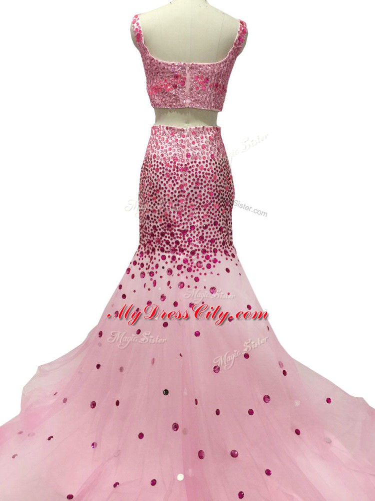 Shining Baby Pink Two Pieces Beading Pageant Dress Wholesale Zipper Tulle Sleeveless