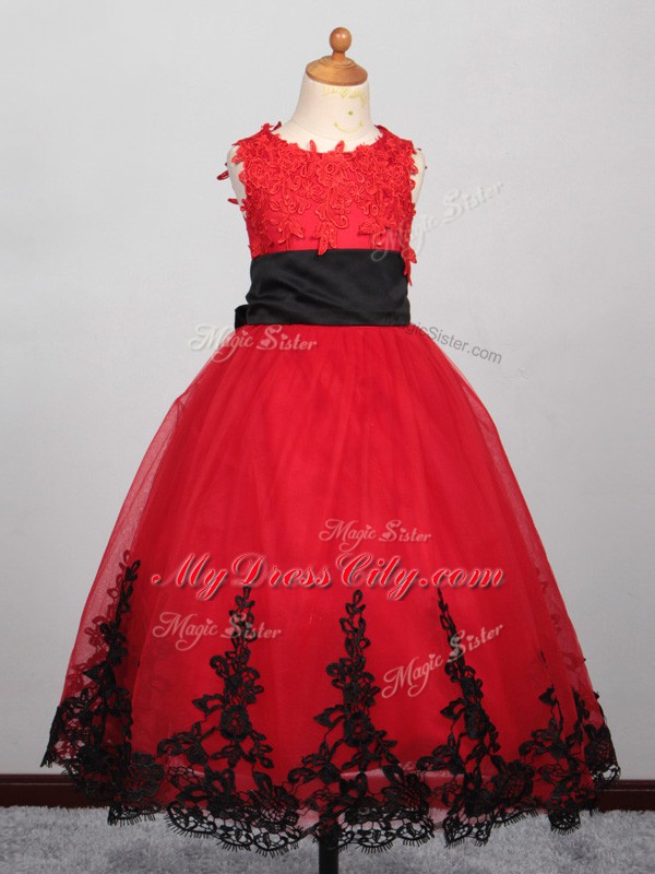 Red Tulle Lace Up Flower Girl Dress Sleeveless Floor Length Appliques