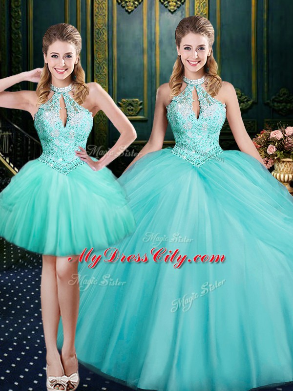 Halter Top Sleeveless Tulle 15 Quinceanera Dress Beading and Pick Ups Lace Up