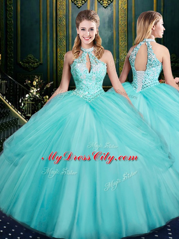 Halter Top Sleeveless Tulle 15 Quinceanera Dress Beading and Pick Ups Lace Up