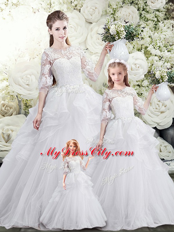 Chic Tulle Scoop Half Sleeves Sweep Train Lace Up Lace and Ruffles Quinceanera Gowns in White