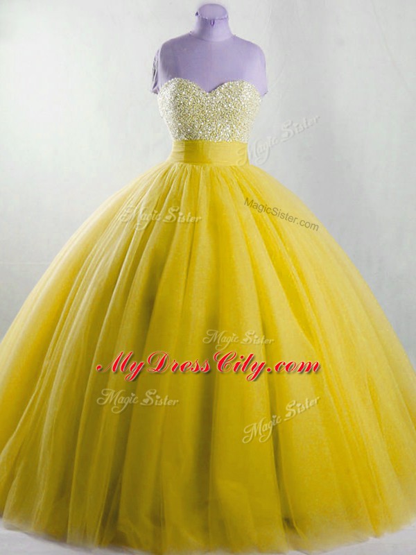 Superior Strapless Sleeveless Lace Up Quinceanera Gown Yellow Tulle