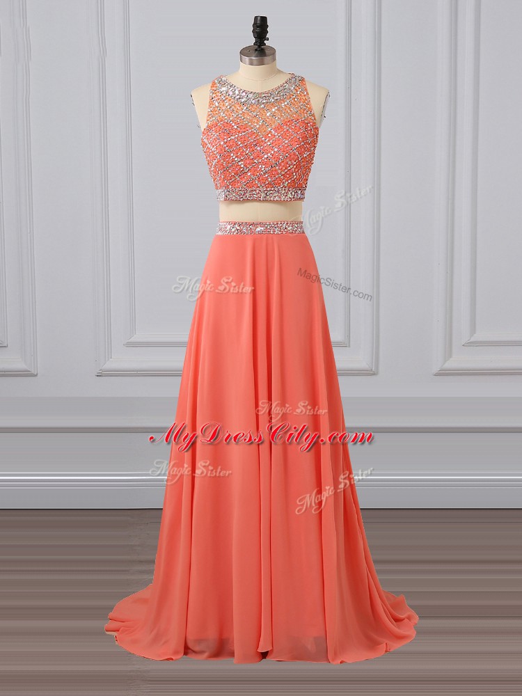 Customized Watermelon Red Sleeveless Beading Zipper Evening Dress