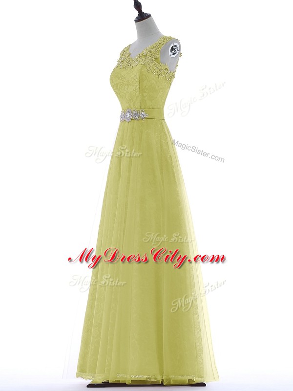 Yellow A-line Beading and Lace and Appliques Dress for Prom Zipper Tulle Sleeveless Floor Length