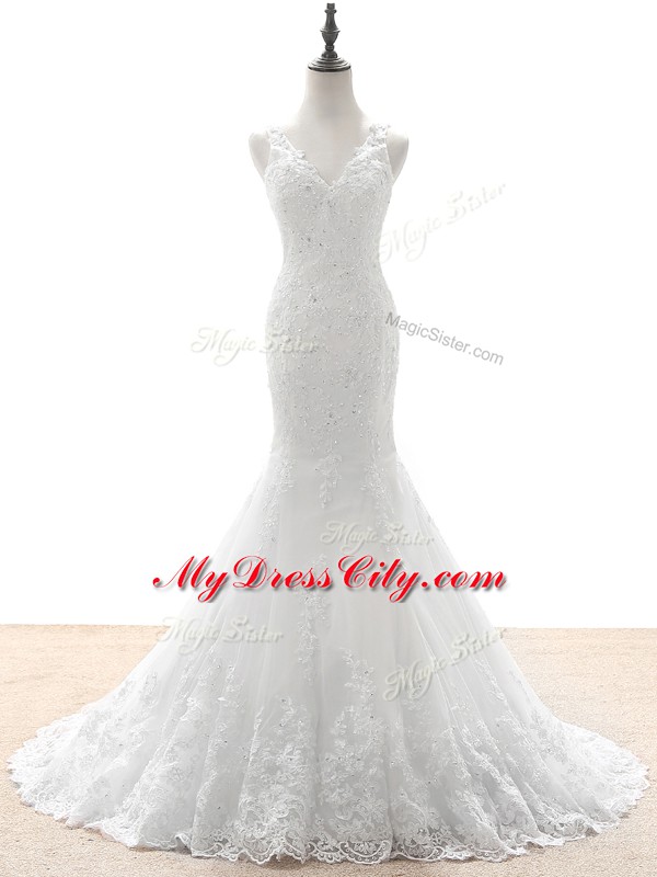 Enchanting White Zipper V-neck Beading and Lace and Appliques Wedding Dress Tulle Sleeveless Brush Train