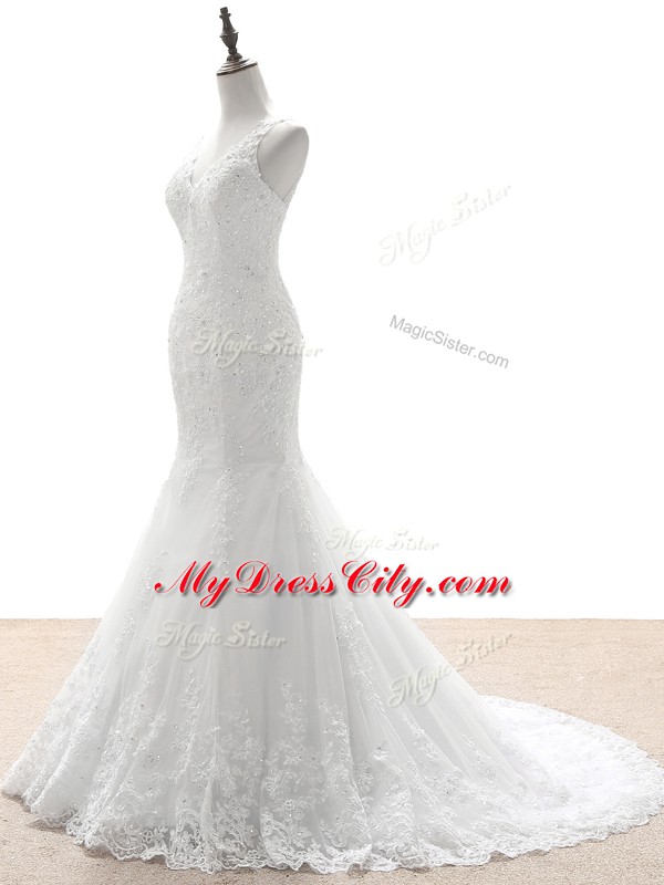 Enchanting White Zipper V-neck Beading and Lace and Appliques Wedding Dress Tulle Sleeveless Brush Train