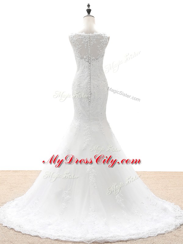 Enchanting White Zipper V-neck Beading and Lace and Appliques Wedding Dress Tulle Sleeveless Brush Train