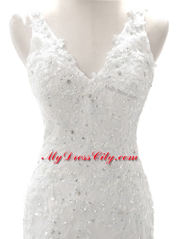 Enchanting White Zipper V-neck Beading and Lace and Appliques Wedding Dress Tulle Sleeveless Brush Train