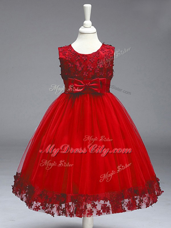 Artistic Wine Red Scoop Neckline Lace and Bowknot Flower Girl Dresses Sleeveless Zipper