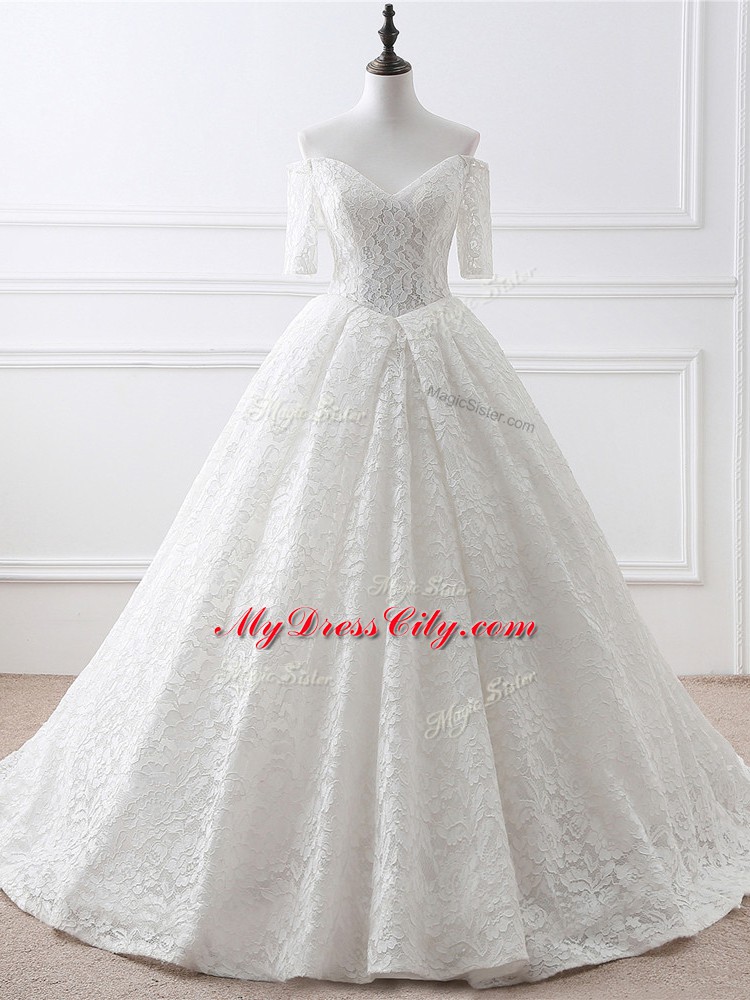 Custom Designed White Organza and Lace Lace Up Bridal Gown Half Sleeves Brush Train Lace and Appliques