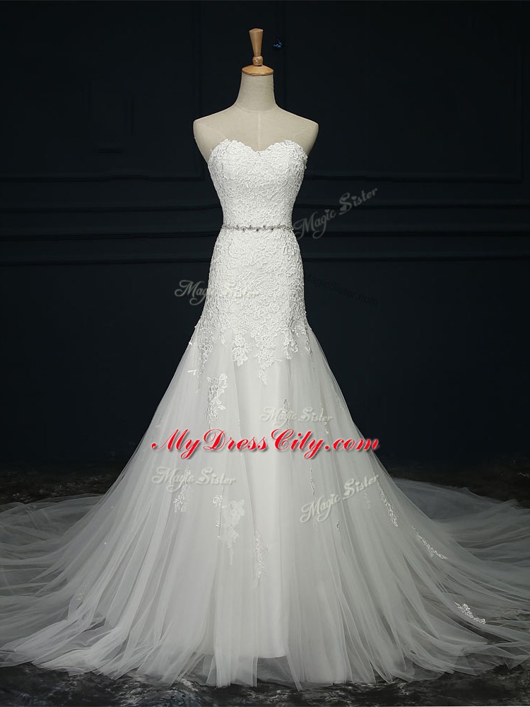 Artistic Tulle Sleeveless Wedding Gowns Court Train and Lace and Belt