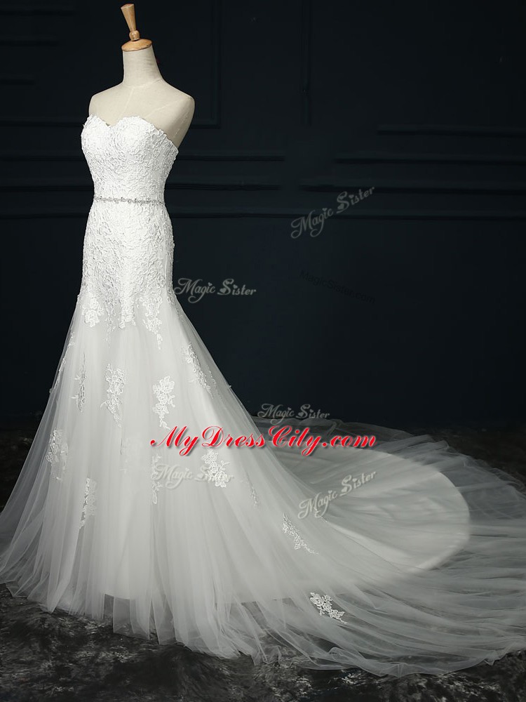 Artistic Tulle Sleeveless Wedding Gowns Court Train and Lace and Belt