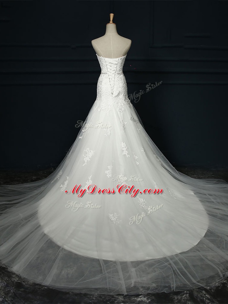 Artistic Tulle Sleeveless Wedding Gowns Court Train and Lace and Belt