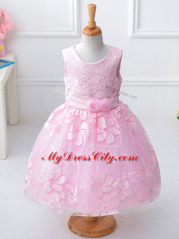 Lace Scoop Sleeveless Zipper Appliques and Hand Made Flower Party Dresses in Baby Pink