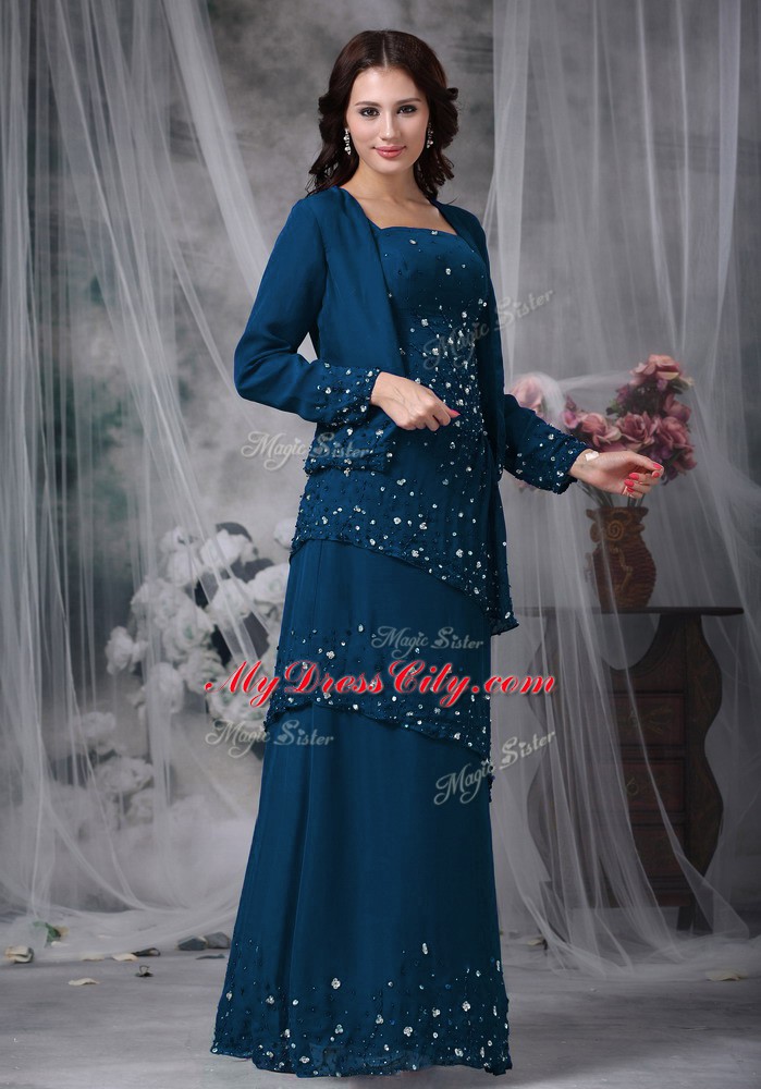 Inexpensive Navy Blue Sleeveless Beading Floor Length Mother of the Bride Dress