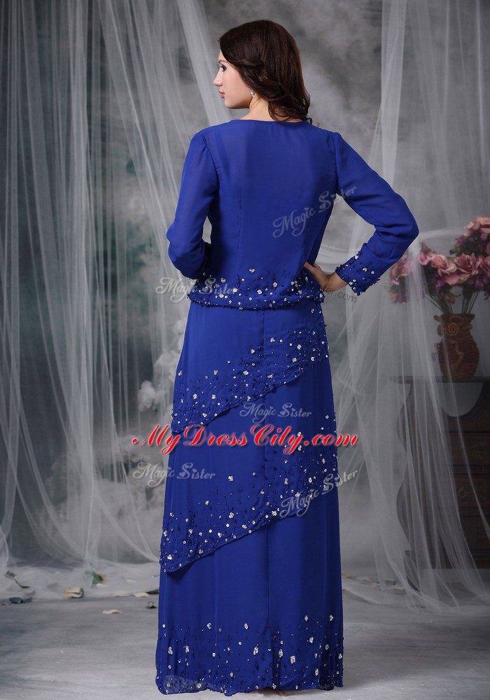 Inexpensive Navy Blue Sleeveless Beading Floor Length Mother of the Bride Dress