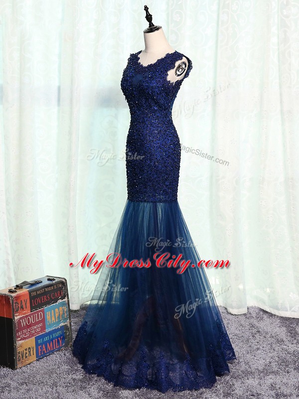 Tulle Sleeveless Floor Length Mother of Groom Dress and Beading and Lace and Appliques