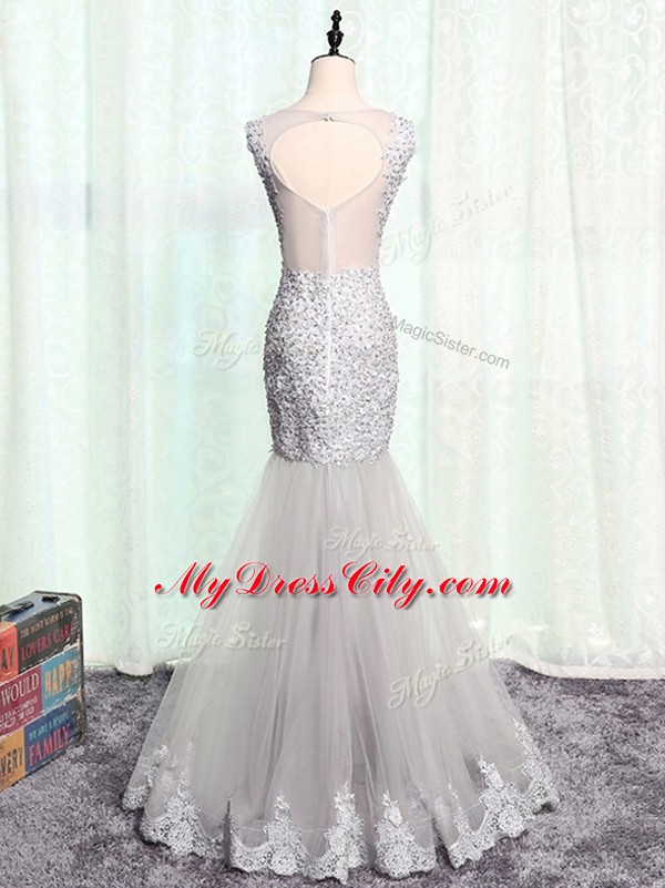 Tulle Sleeveless Floor Length Mother of Groom Dress and Beading and Lace and Appliques