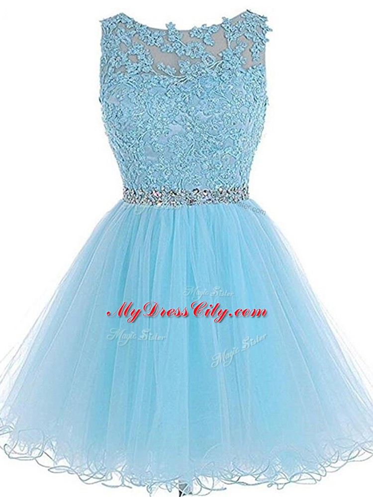 Mini Length Baby Blue Prom Evening Gown Tulle Sleeveless Beading and Lace and Appliques