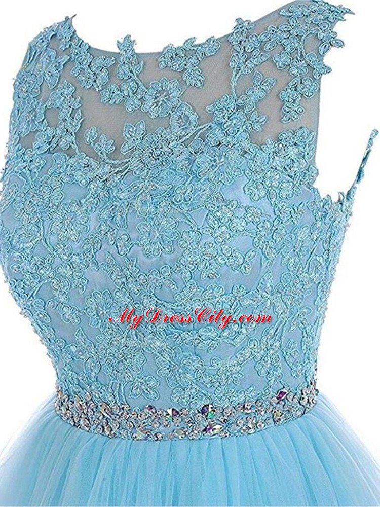 Mini Length Baby Blue Prom Evening Gown Tulle Sleeveless Beading and Lace and Appliques