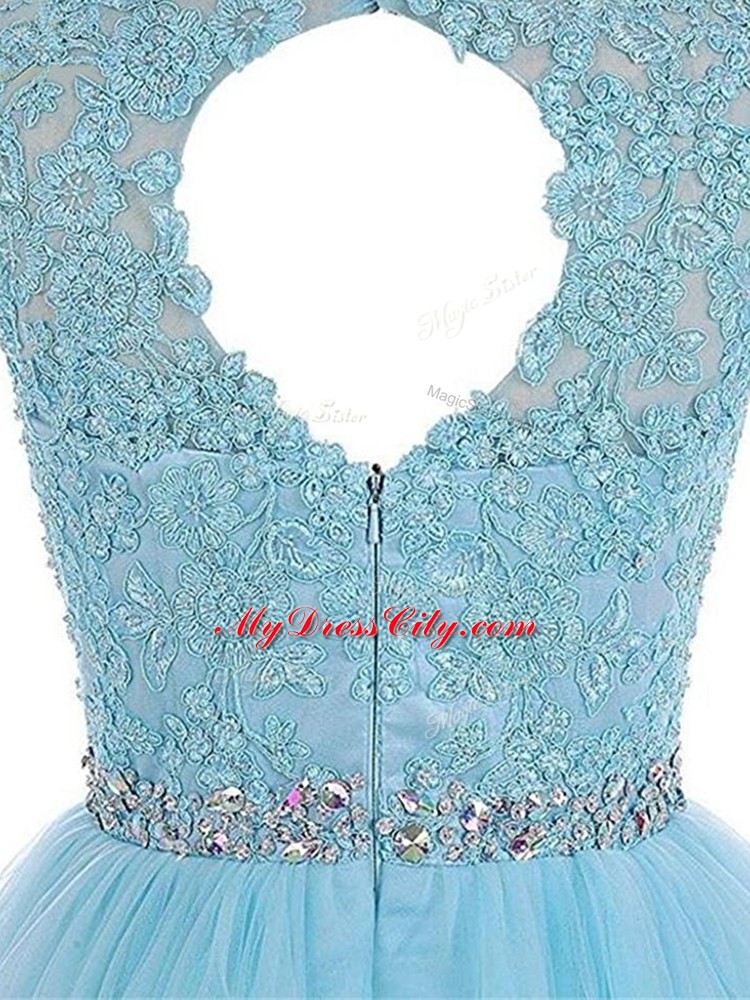 Mini Length Baby Blue Prom Evening Gown Tulle Sleeveless Beading and Lace and Appliques