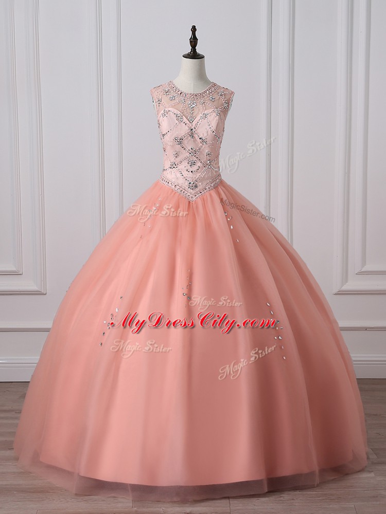 Stunning Peach Ball Gowns Scoop Sleeveless Tulle Floor Length Zipper Beading 15th Birthday Dress