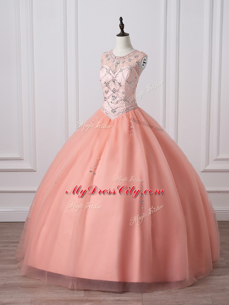 Stunning Peach Ball Gowns Scoop Sleeveless Tulle Floor Length Zipper Beading 15th Birthday Dress