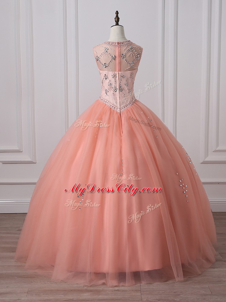 Stunning Peach Ball Gowns Scoop Sleeveless Tulle Floor Length Zipper Beading 15th Birthday Dress