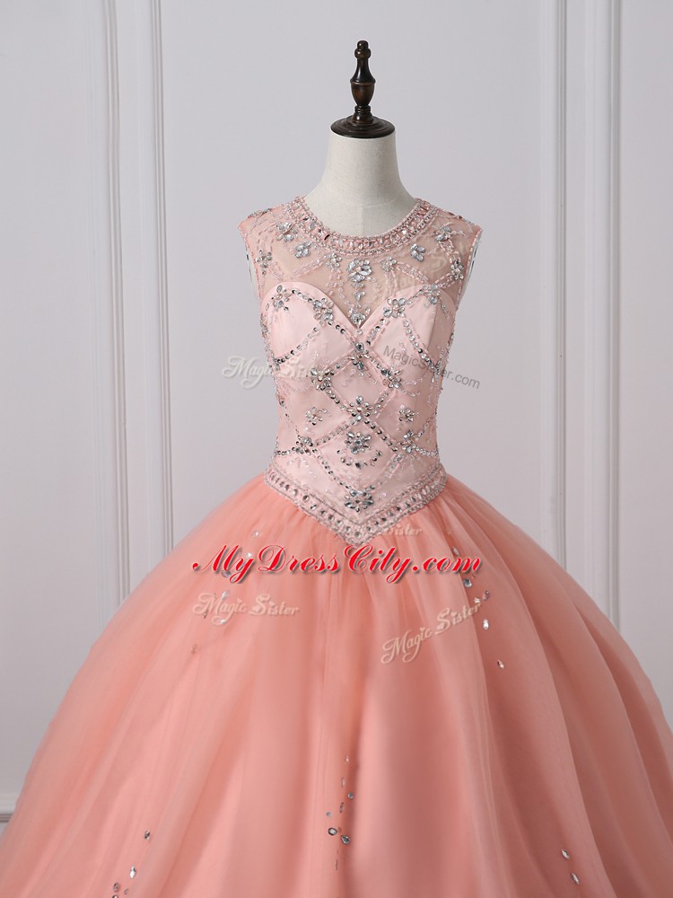 Stunning Peach Ball Gowns Scoop Sleeveless Tulle Floor Length Zipper Beading 15th Birthday Dress