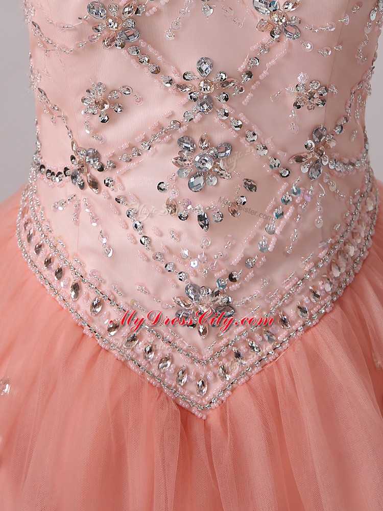 Stunning Peach Ball Gowns Scoop Sleeveless Tulle Floor Length Zipper Beading 15th Birthday Dress